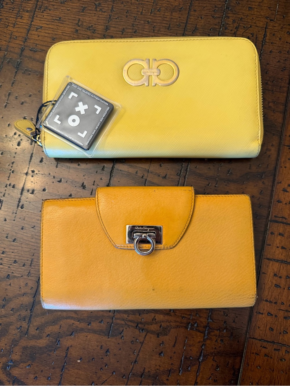 TWO Salvatore Ferragamo Yellow and Mustard Leather Wallet Duo